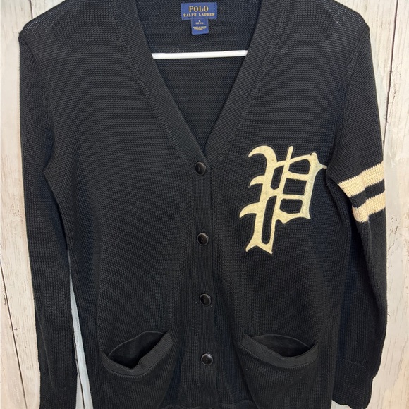 Polo Ralph Lauren Varsity Sweater P Wing Youth Large 12-14 Black and White Cardi - Picture 1 of 7